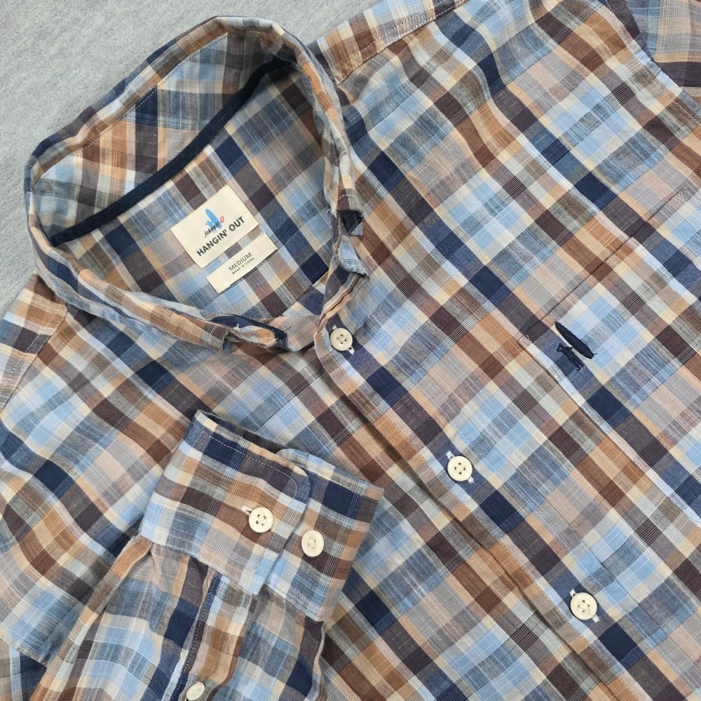 Johnnie-O Hangin Out Mens Medium Blue Brown Plaid Cotton Button Down Shirt Logo